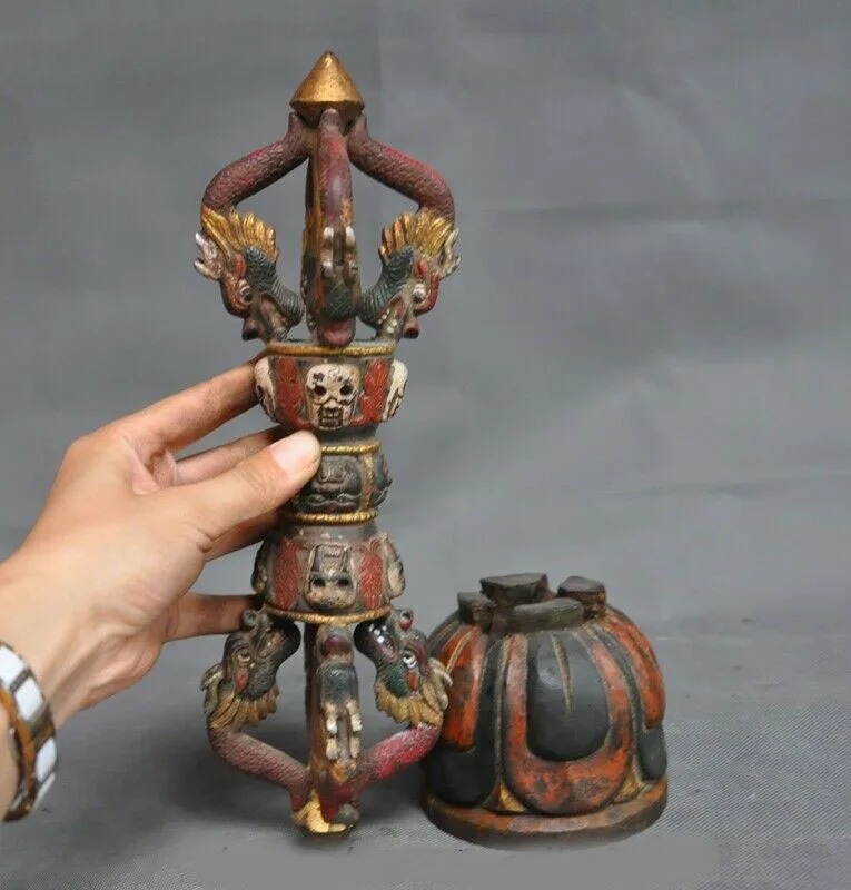 

wedding decoration 14" Old Tibet Temple Bronze gilt Painted Dragon Skull Vajra Dorje Phurpa FaQi