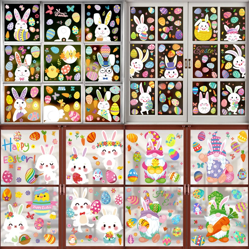 

9pcs Easter decoration 2022 Happy Easter Window Stickers Rabbit Easter Eggs Carrot Chick Glass Sticker Easter Party wall Sticker