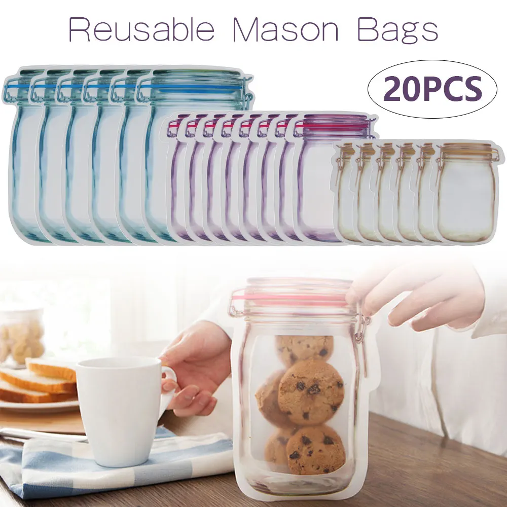 

20pcs Reusable Mason Jar Bags Grocery Candy Food Storage Zipper Bag Portable Kitchen Seal Nut Cookies Snack Mason Organizer