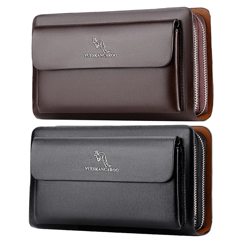 

YUESKANGAROO 2 Pcs Men Clutch Bag Fashion Long Purse Double Zipper Business Wallet Male Casual Bag Black & Brown