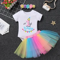baby birthday dress for girls birthday party letternumber rainbow banner print jumpsuit skirt and headband cake smash outfit