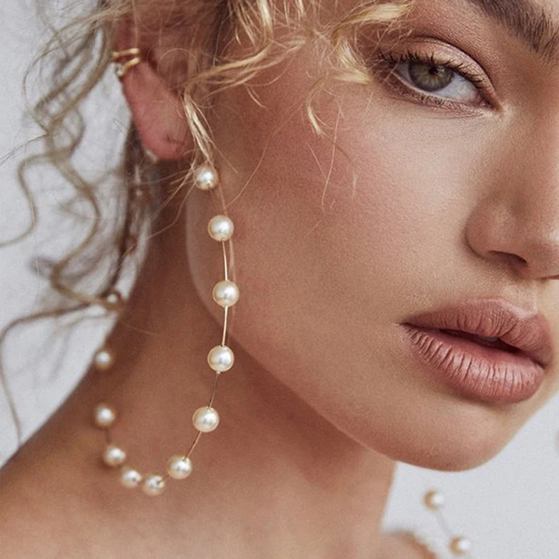 

Simple Large Pearl Hoop Earrings For Women Girls Classic Elegant Style Big Statement Earring Hoops Party Fashion Jewelry Gifts