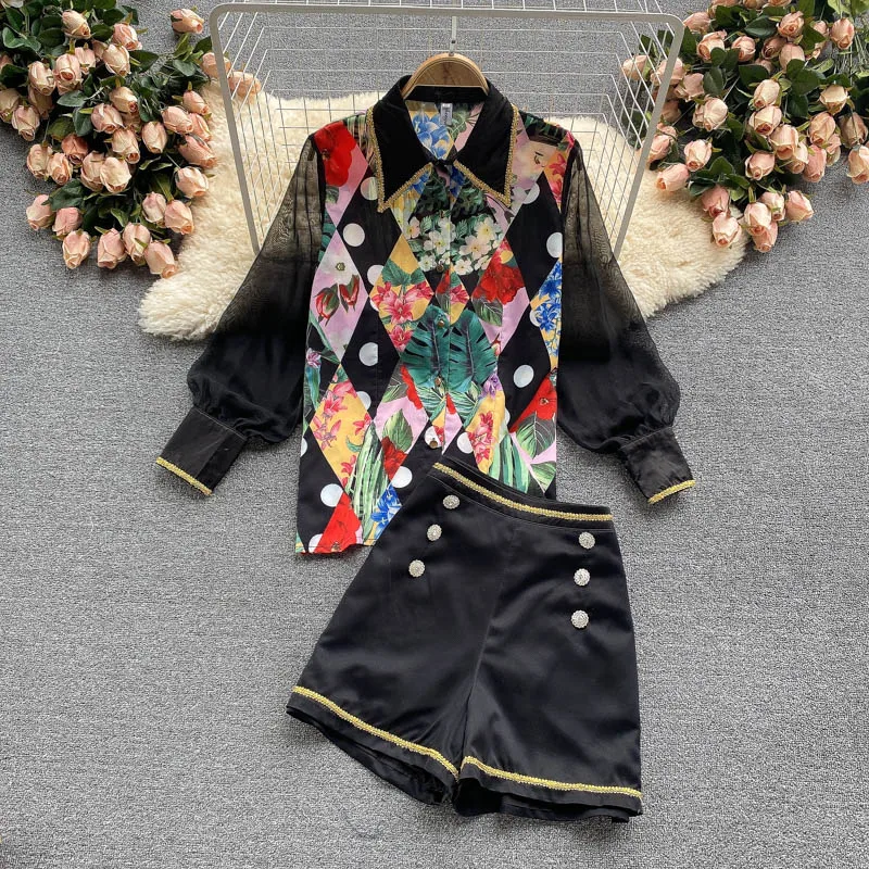 

2021 Summer 2 Pieces Suits Set Girl Print Lantern Sleeve Gauze Mesh Blouse Shirt Tops + Shorts Set Women Two Piece Set Tracksuit