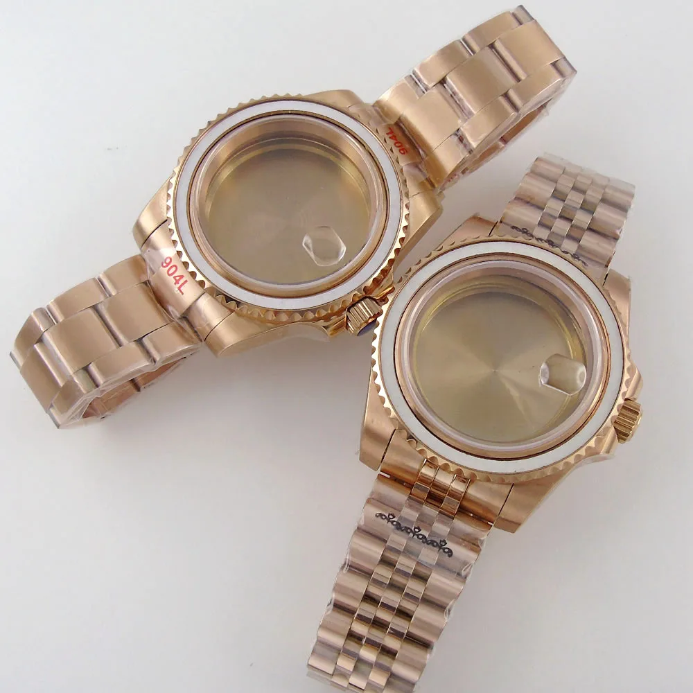 40mm Rose Golden Plated Watch Case Fit NH35 NH36 Miyota 8215 821A DG 2813 ETA 2836 Movement Sapphire Oyster Jubilee Bracelet