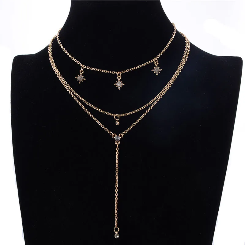 

1pcs Temperament Sexy Three Layer Six Star Zircon Long Necklace Women'S Party Jewelry Gift Charms Fashion Necklace