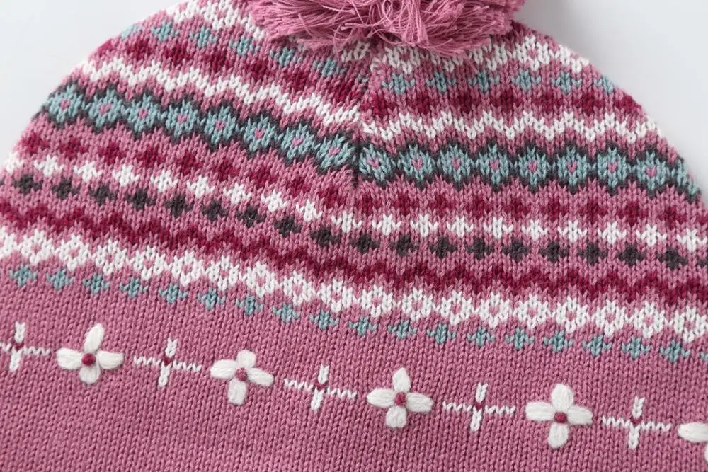 Теплая вязаная шапка ушанка для девочек с флисовой подкладкой из жаккардовой