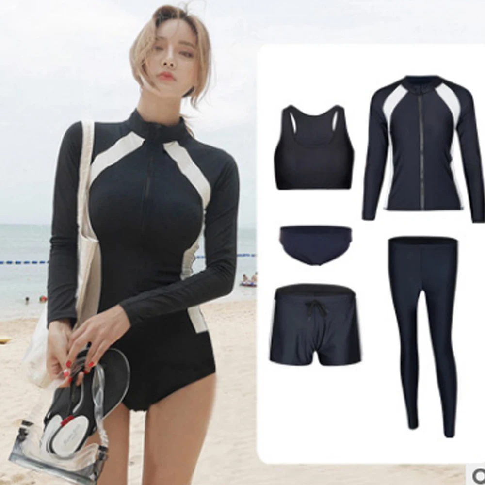 

Long Sleeve Rash Guard Women Solid One Piece Swimsuit Zipper Swimwear 5 Sets Bathing Suits Black Surfing Suits Pad Long Pants