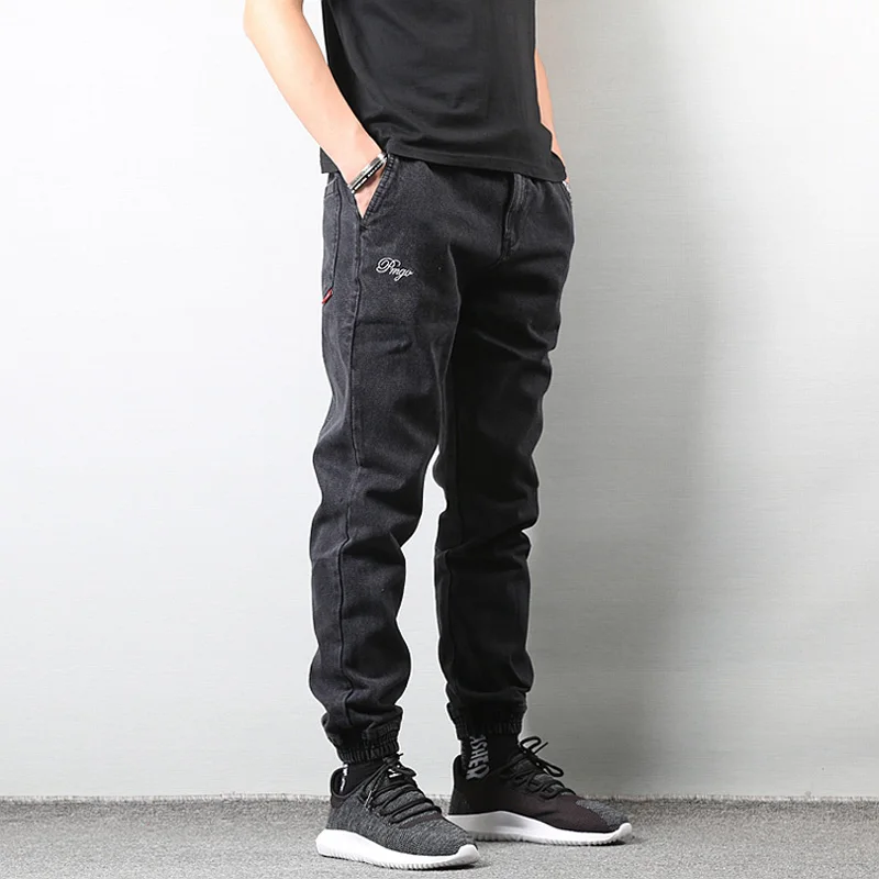 Fashion Japanese Men's Style Jeans Black Color High Street Loose Fit Cargo Pants Elastic Ankle Banded Hip Hop Jogger Jeans Men