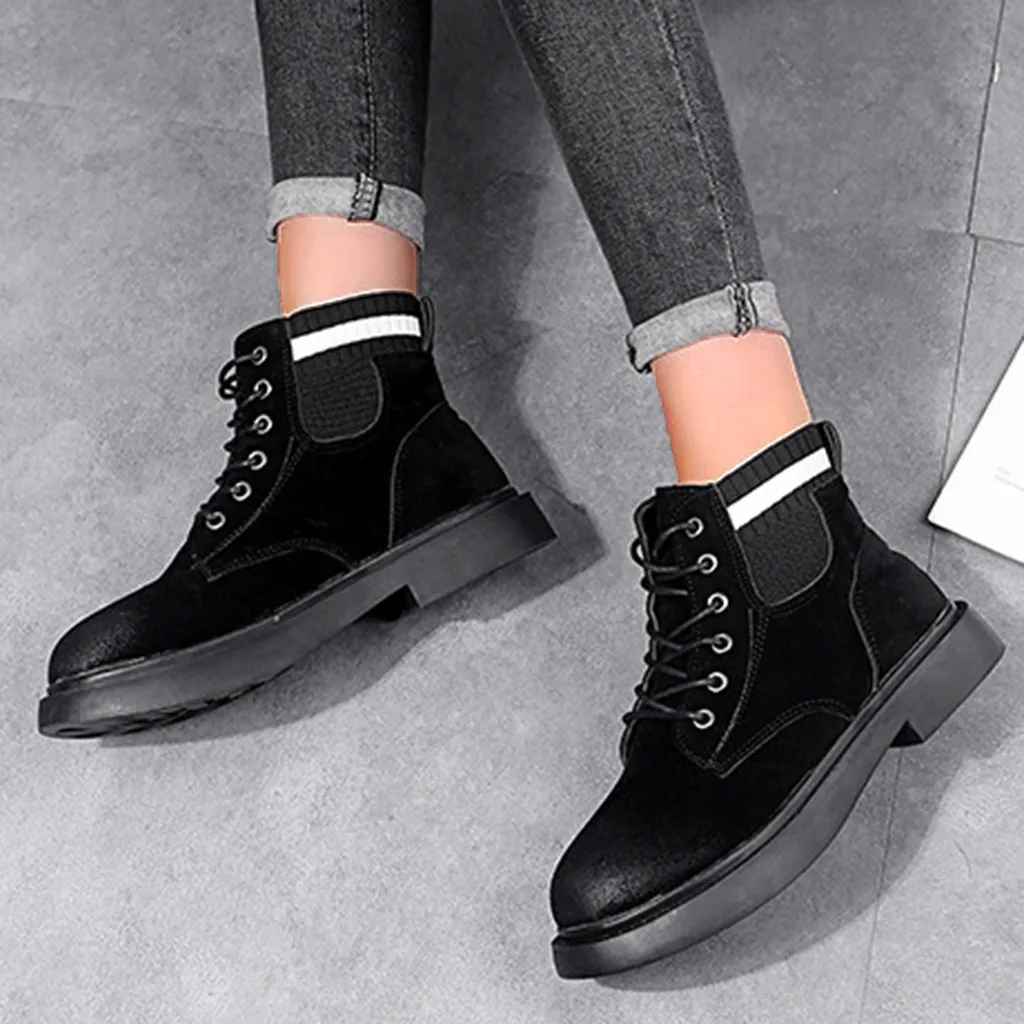 Женские ботильоны на плоской платформе Весенние ботинки Черные туфли толстой