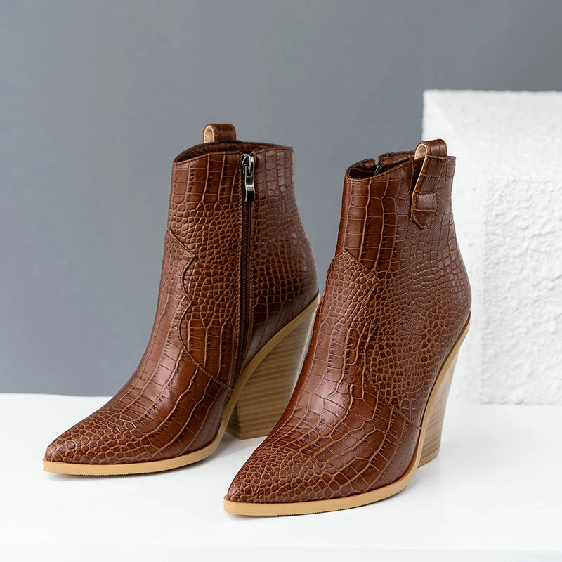 Женские ковбойские ботинки из искусственной кожи с принтом змеиной кожи|Женские