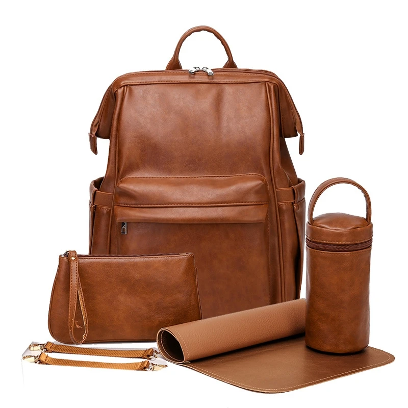 Bolsa de pa&ntilde;ales de cuero PU, mochila de maternidad impermeable para cochecito de beb&eacute;, bolsas de mam&aacute;, bolsa de pa&ntilde;ales de PU, bolsa de botella de gran capacidad-0