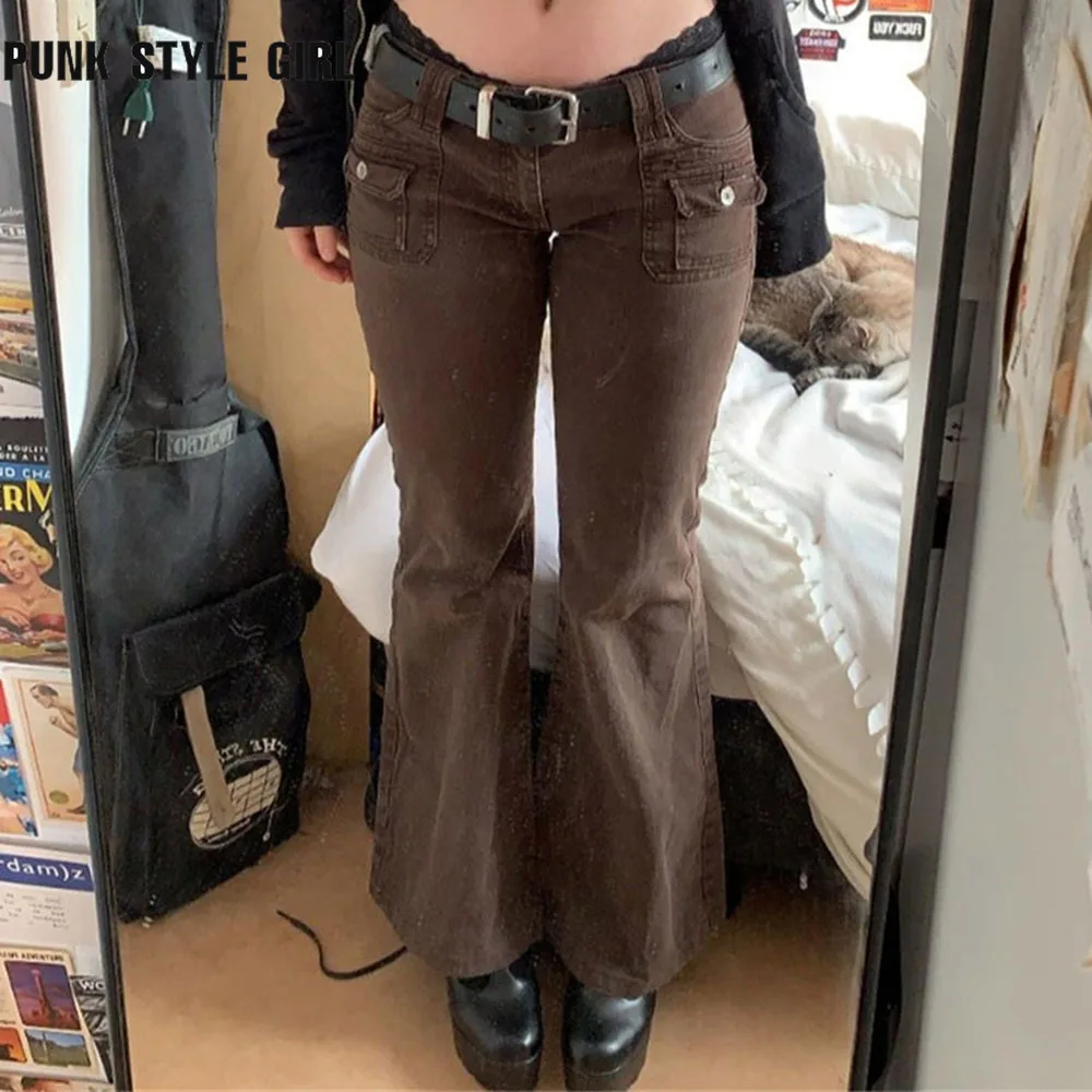 

Vintage Cyber Brown Flare Jeans Pockets Women Autumn Winter New 90s Hippie Pants Kpop Mom Baggy Streetwear Ins Trousers