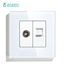 BSEED TV Wall Power Socket CAT5 Internet Wall Socket Outlets Tempered Glass Panel White Black Golden
