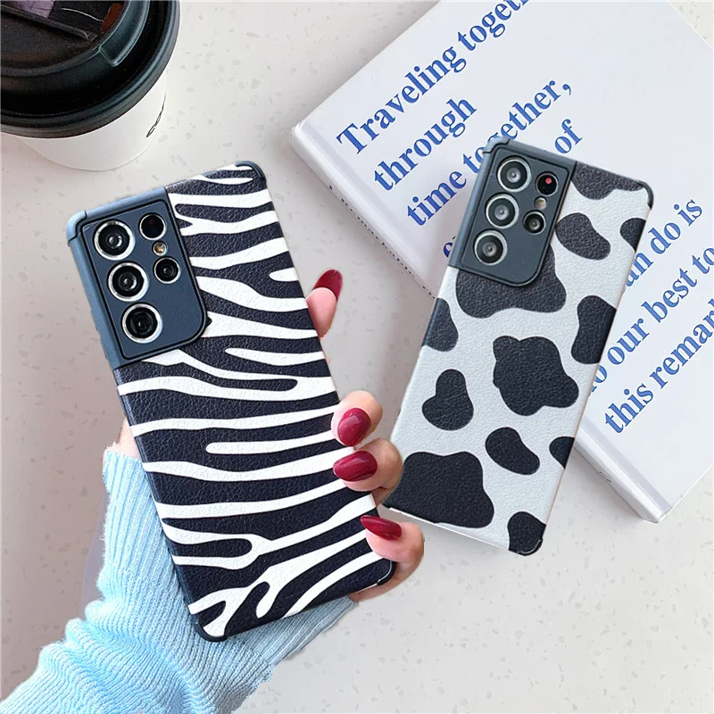 

Cute Dairy Cow Zebra-stripe Printed PU Leather Phone Case For Samsung S21 S20 S10 J730 A72 A42 A31 A12 A51 Shockproof Soft Cover