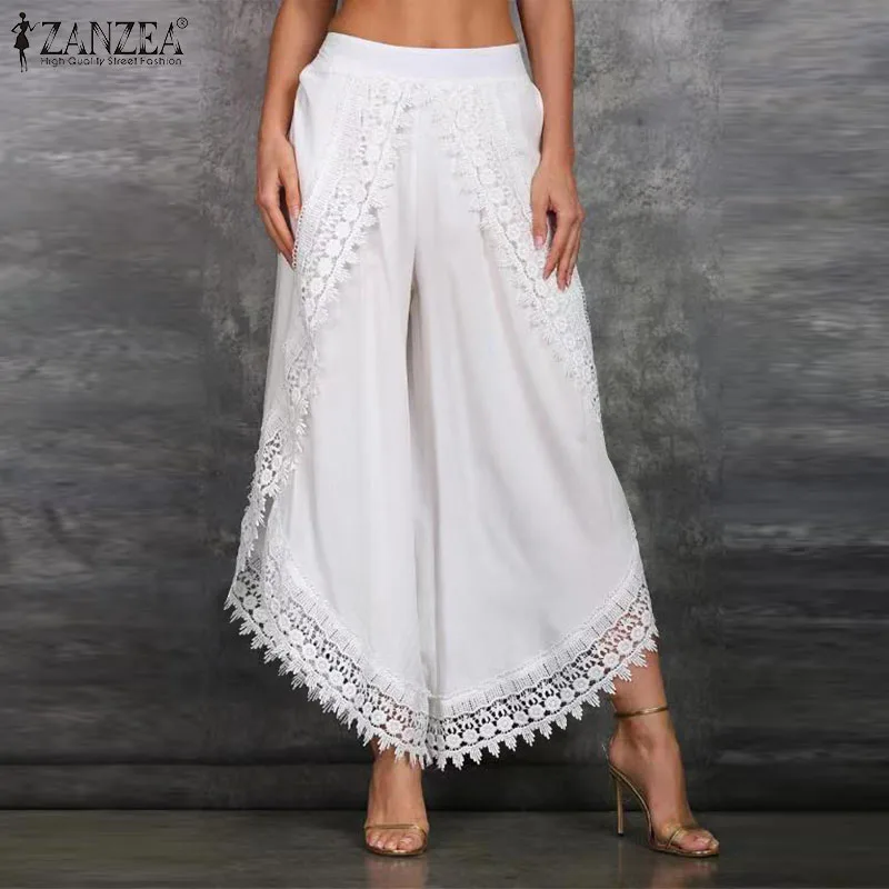 

Womens Wide Leg Pants ZANZEA Solid Lace Patchwork Long Trouser 2021 Summer Irregular High Waist Pantalon Fahion Lady Casual Pant