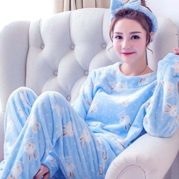 

New Flannel Warm Pyjamas Winter Coral Fleece Long Sleeve Cartoon Nightie Sleepwear Strawberry Pajamas 2-piece Set Home Tops