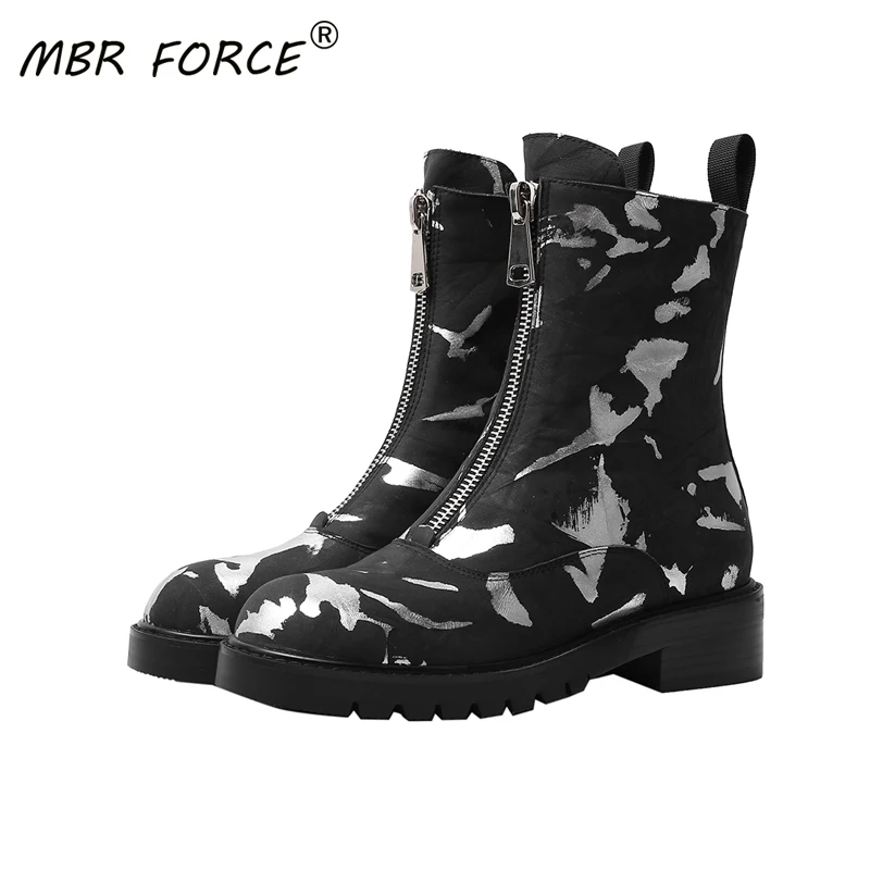 

MBR FORCE Fashion High quality cowhide European and American style lace up Retro doodle Simple and versatile ankle boots black