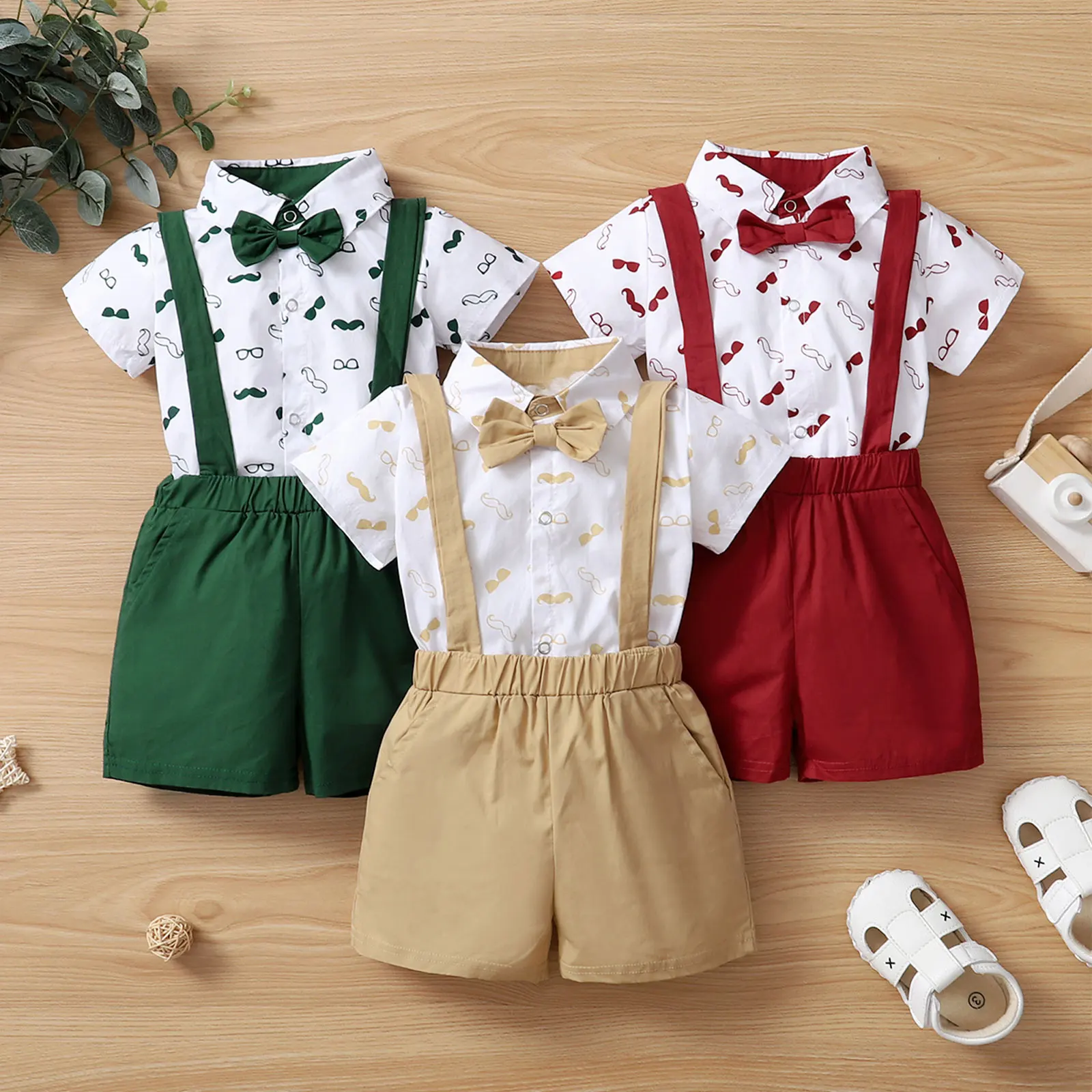 

Boys Clothes Set Beard Print Short Sleeve Lapel Neck Shirt+Solid Color Suspender Shorts Gentleman Outfits for 0-18M Baby Suit