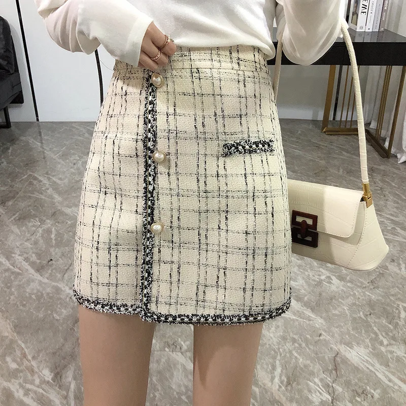 

lady's small fragrance high waist shows thin, versatile half skirt women's tweed pearl single breasted A-line hip skirt
