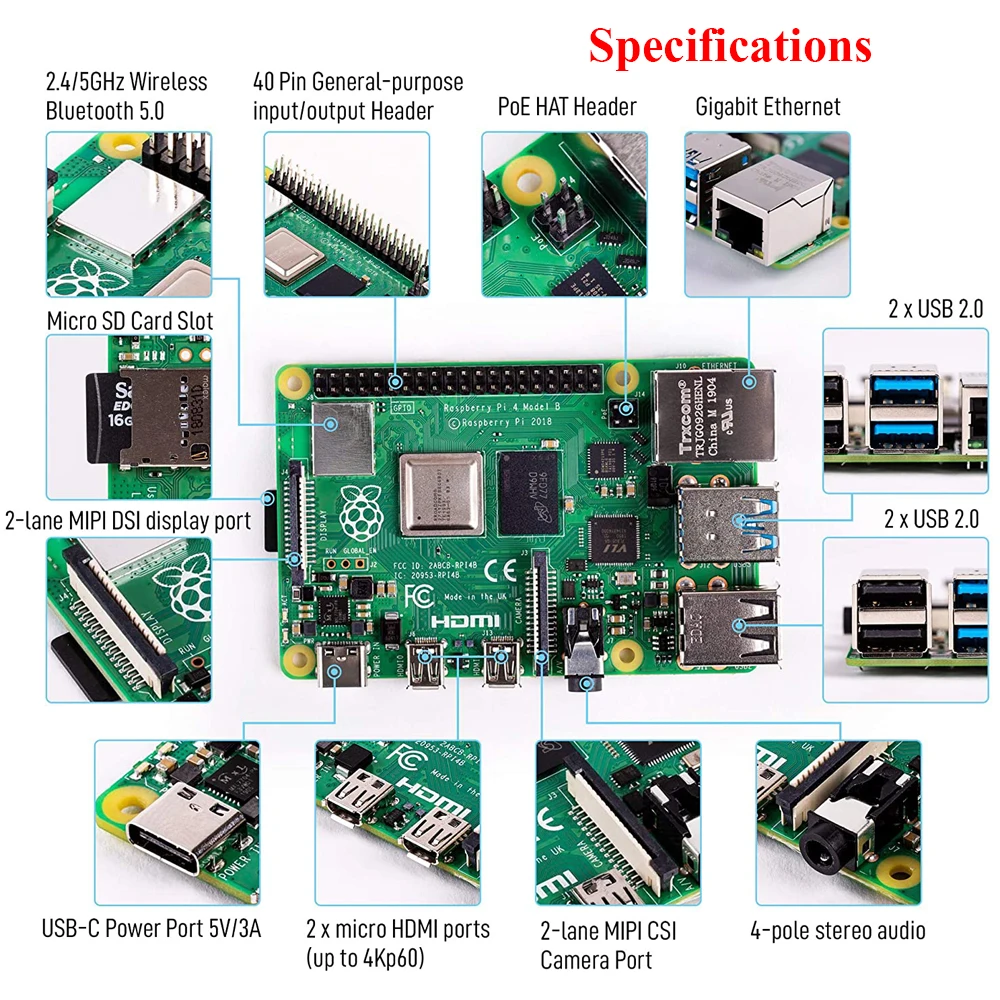 Оригинальный Raspberry Pi 4 Model B 2 ГБ/4 ГБ/8 ГБ + Алюминиевый Чехол источник питания SD