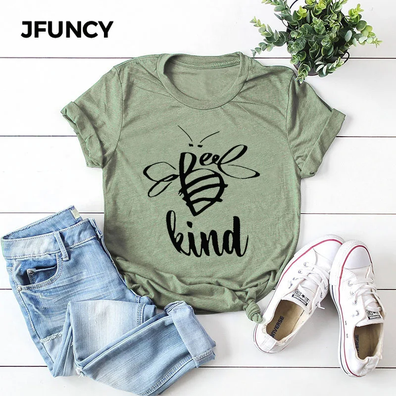 JFUNCY  Summer T-shirt Women Cotton T Shirt Bee Happy Printed Tshirt Short Sleeve Loose Mom Tops Female Tee Shirt