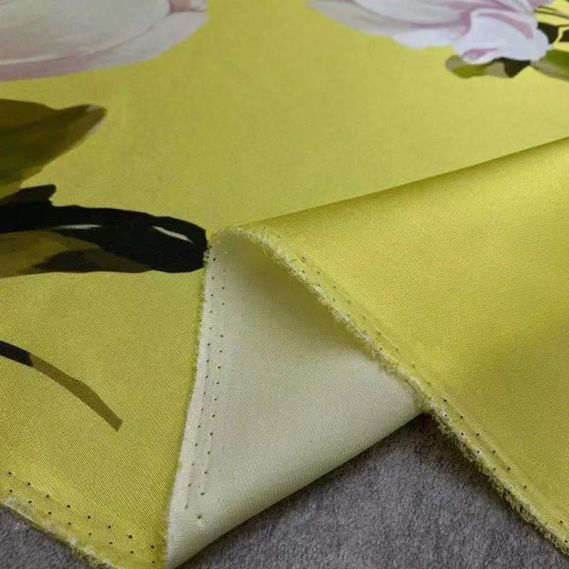 

European brand silk fabric Brand catwalk style yellow bottom big lotus stretch silk fabric shirt dress clothing diy silk fabric