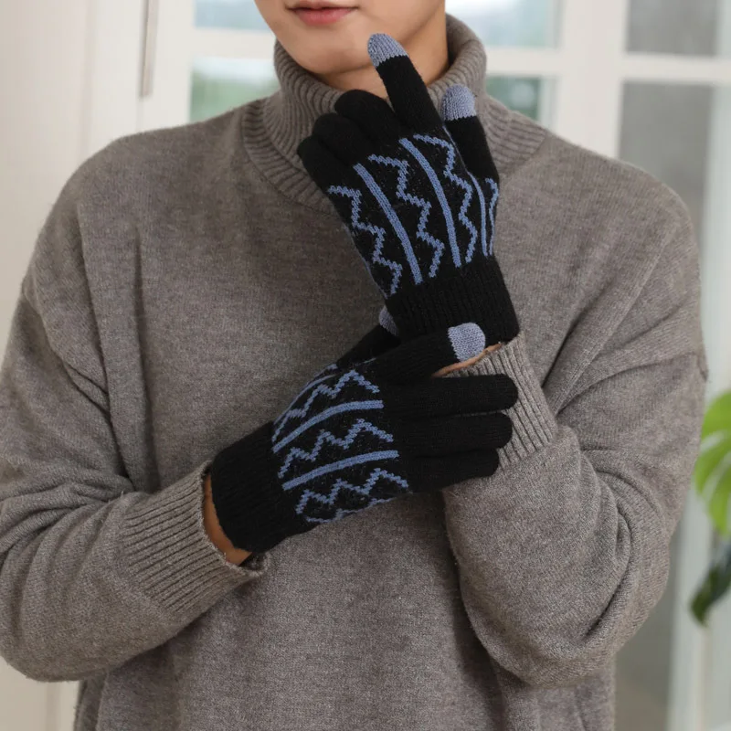 

Winter Men Knitted Gloves Warm Touch Screen Male Striped Mitten Autumn Thicken Cold Gloves Winter Cycling Bicycle
