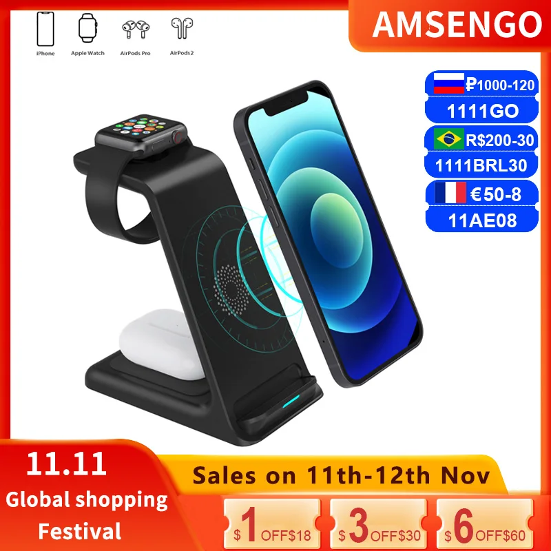 

For iPhone 12/11/XR Fast 15W Wireless Chargers Telefono Docking Station For Apple Watch 6/5/4 /3/2 Airpods Pro Wireless Charger