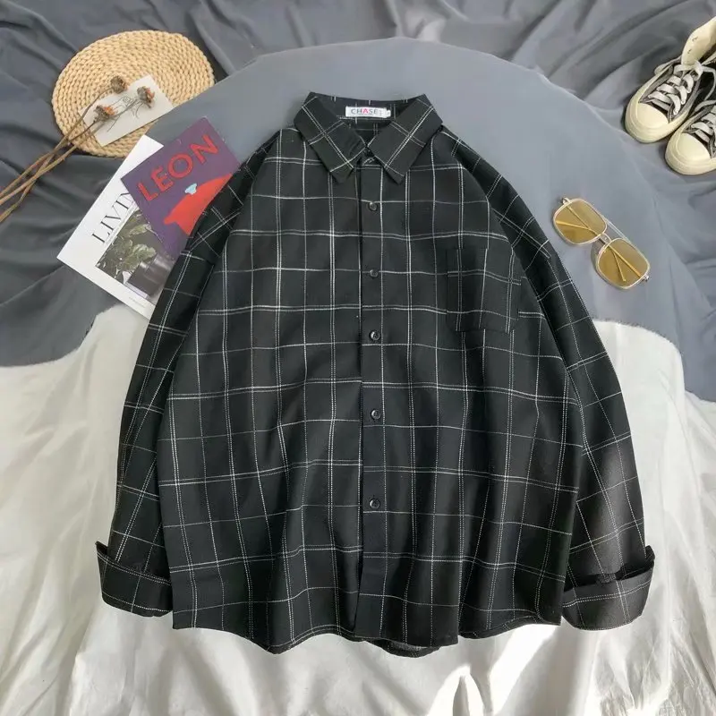 

Spring and autumn Hong Kong style ins plaid shirt men's long-sleeved Korean trendy handsome jacket casual loose couple shirt
