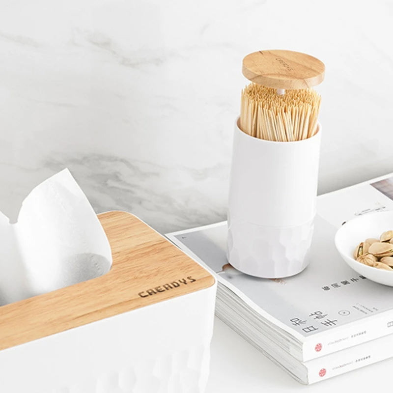 

Automatic Pop-up Cotton Swabs Holder Dispenser, Toothpick Organizer Storage Box with Wooden Lip for Home, Office, Hotel, C1FF