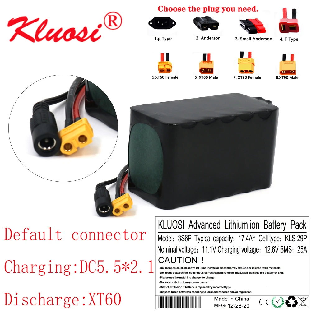 

KLUOSI 12V 17.4Ah 18Ah 3S6P 10.8V 12.6V Lithium Battery Pack 250Watt High Power for Motor Scooter Light Etc with 25A BMS XT60