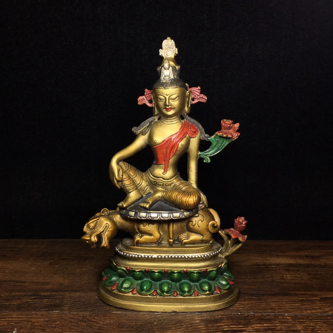 

Home Decor 8" Tibet Buddhism Old Bronze Painted Manjusri Guanyin Bodhisattva Statue Amitabha Enshrine the Buddha
