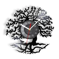 tree of life laser etched vinyl wall clock tree shape upspring led backlight modern wall watch silent living room hanging decor