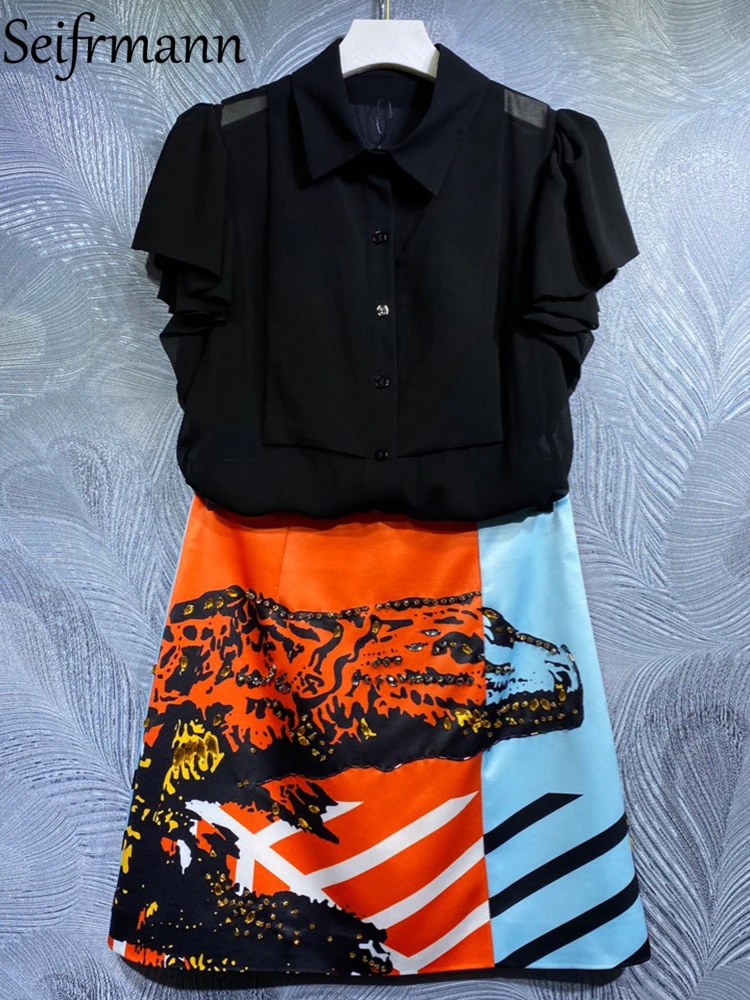 

Seifrmann New 2021 Autumn Women Fashion Runway Skirts Sets Butterfly Sleeve Black Tops + High Waist Crystal A-Line Skirts Suits
