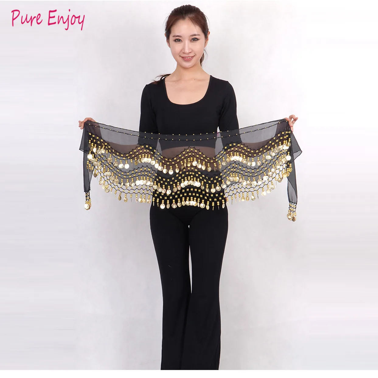 Belly Dance Waist Цепочка хип шарф шифон трехслойная волна золотая монета талия Индия