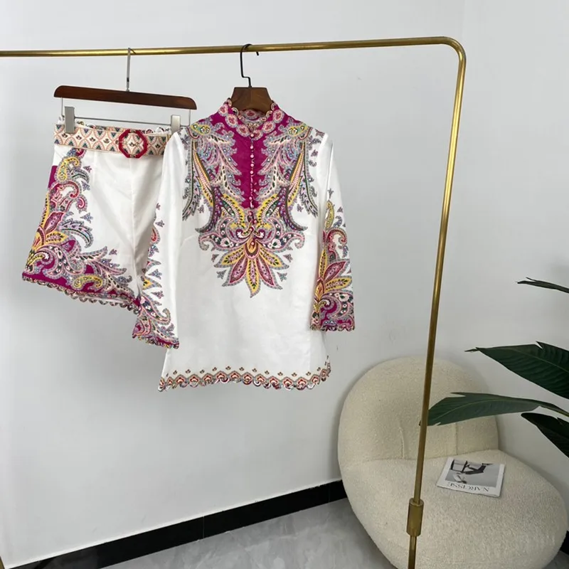 

Женский комплект из блузки и шортов, однобортная разноцветная блузка с длинным рукавом и принтом пейсли, лето 2021