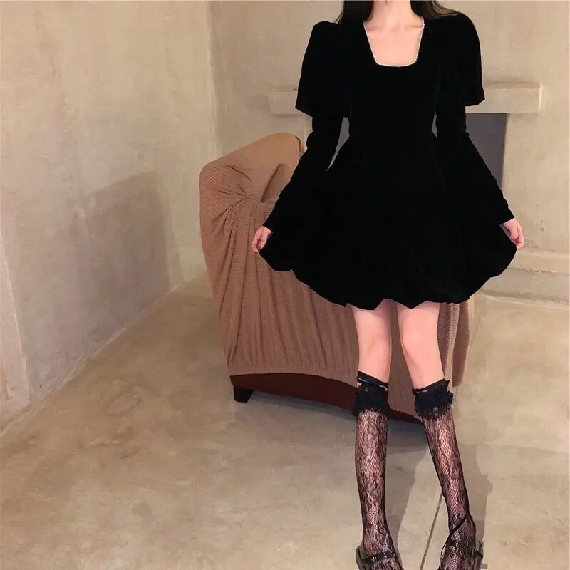

Vintage Style Black A-LINE Puff Sleeve Mini Dress Korean Fashion Clothing Aesthetic Clothes Autumn New Arrival Dresses for Women