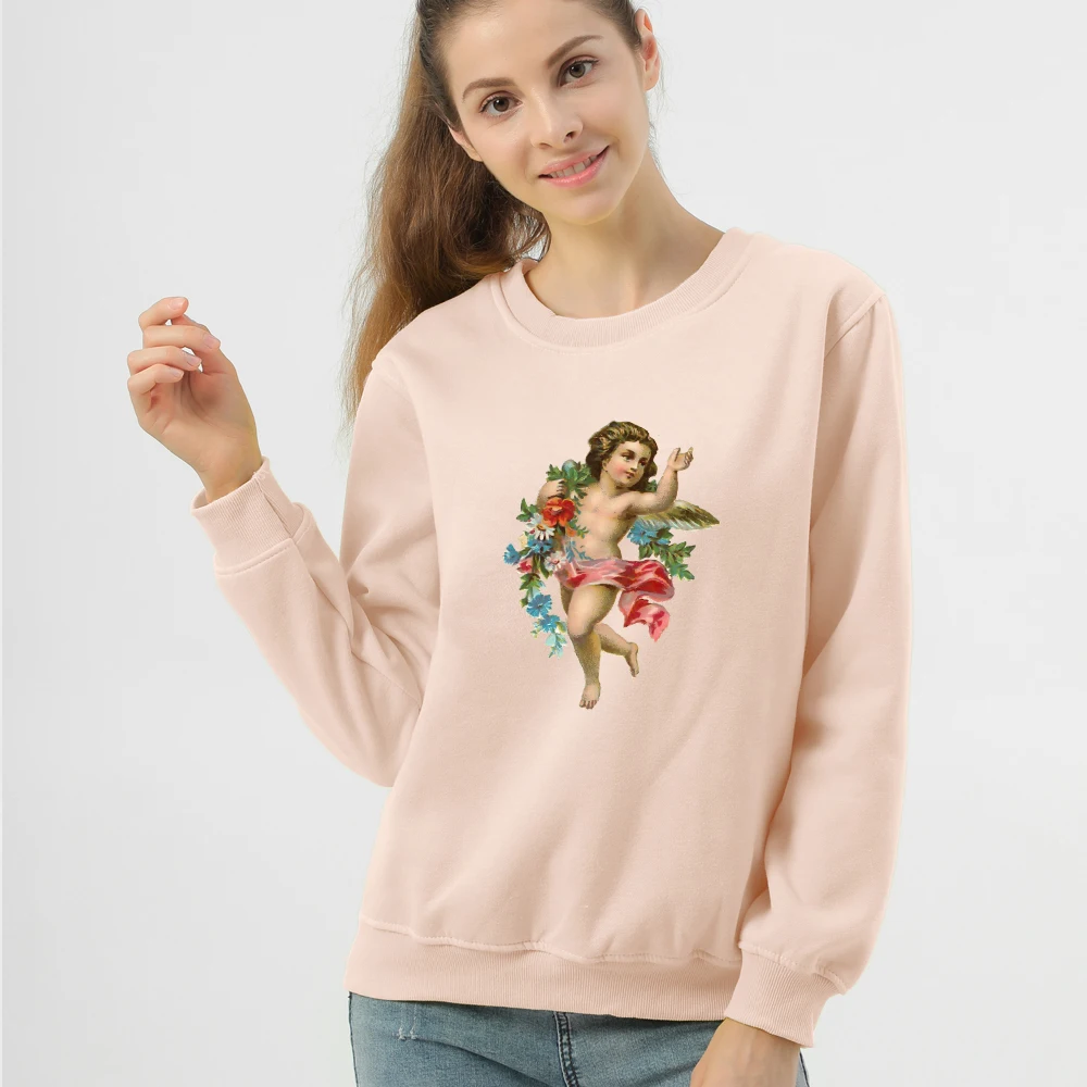 Cute Angel Baby Printed Vintage Style Sweatshirts Warm Pullover Women Fashion Aesthetic Graphic Hoodies Womens Sweetshirts Hoody