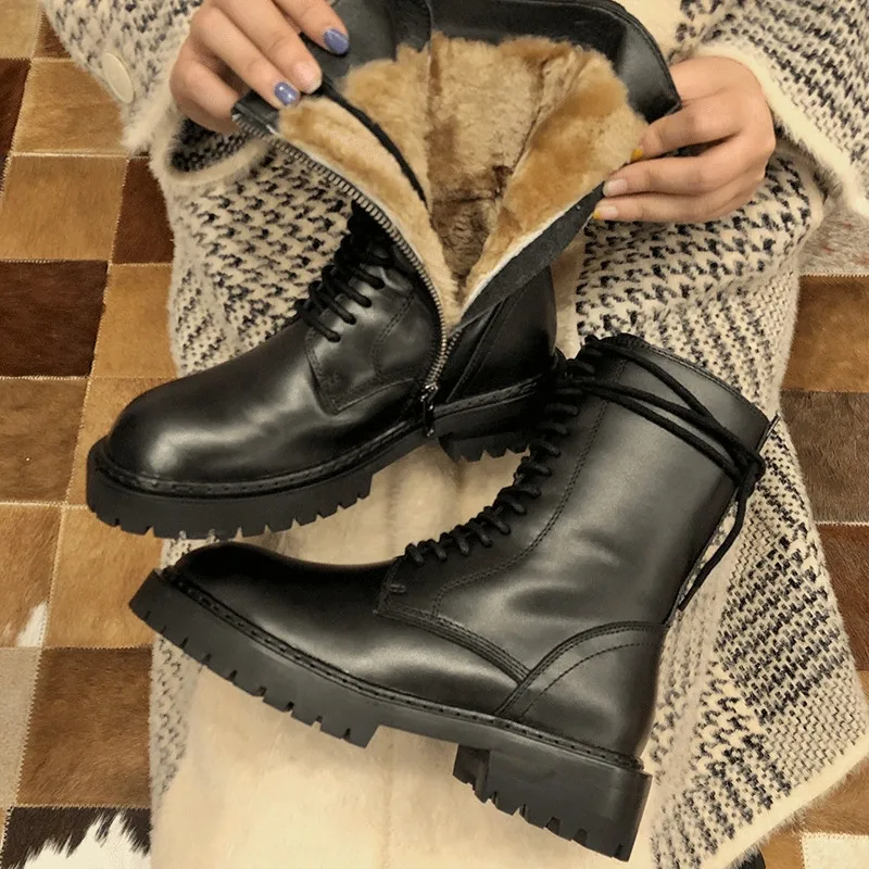 

Ботинки VALLU натуральный мех кожа зимние на толстой подошве, модные теплые ботинки в британском стиле с шерстью, уличные лыжные сапоги для ез...