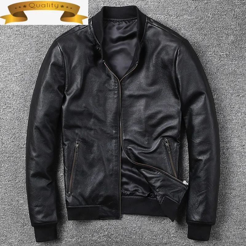 

Men Leather Jacket Genuine Real Cow Leather Bomber Jackets Spring Autumn Motocycle Plus Size Streetwear 2021 MF149