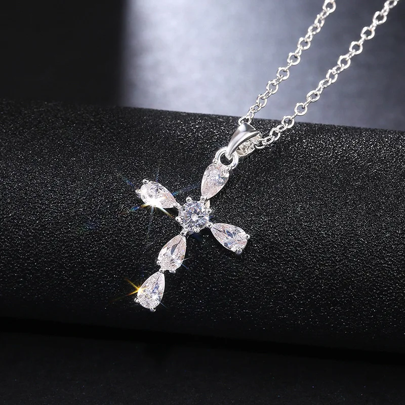

Delicate New Trendy Cross Women Pendent Necklace Silver Color Inlaid Crystal Zircon Stone Dazzling Anniversary Party Gifts