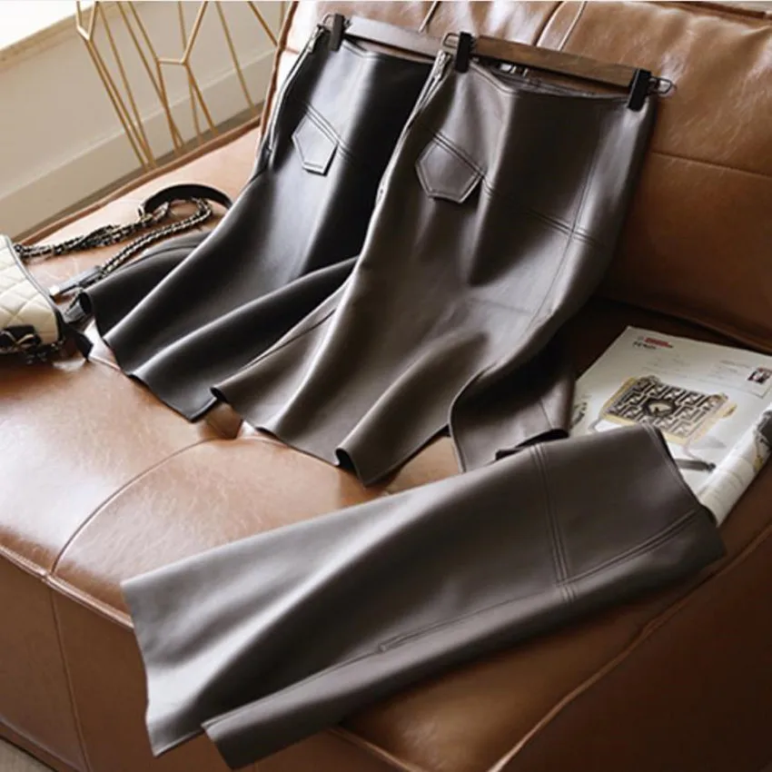 

Женская юбка-трапеция из ПУ кожи, с завышенной талией и разрезом