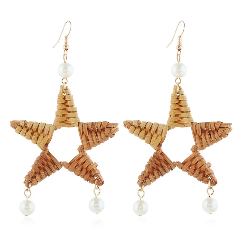 

Creative earrings rattan woven five-pointed star personality hollow bead pendant earrings