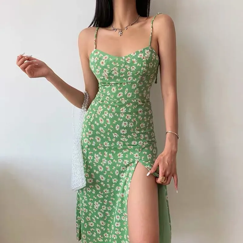 

Sling Chiffon Dress Summer Women's New Sexy Open Back Slit Design Over The Knee Mid-length Daisy Print Dress