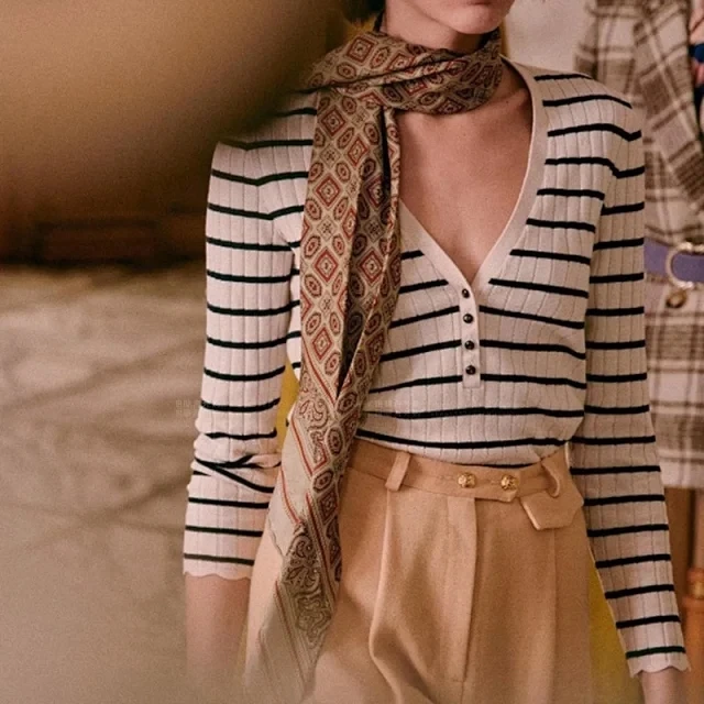 

Women V-Neck Knit Sweater Long Sleeve Slim Casual Simple with Buttons Ladies Stripes Knitwear Pullover Tops 2021 Early Autumn