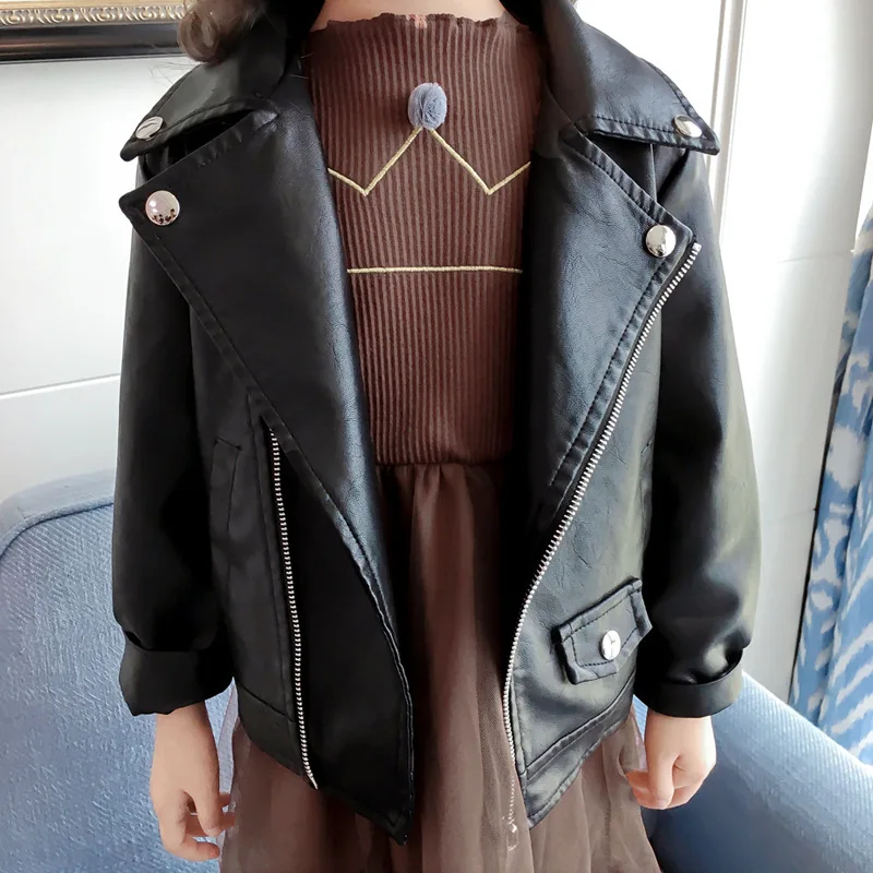 

Autumn Fall Clothes Korean PU Leather Girls Jackets Toddler Kids Coat Outwear Turndown Collar Zipper Fly Zip Up 3 To 8 Yrs