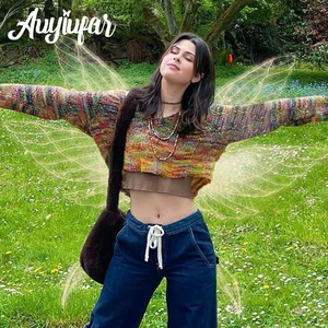 Auyiufar Fairy Grunge Cute Gradient Cropped Sweater Goblincore Retro Loose Hollow Out Knitted Top Y2K Autumn Women Pullovers New Auyiufar Fairy Grunge Cute Gradient Cropped Sweater Goblincore Retro Loose Hollow Out Knitted Top Y2K Autumn Women Pullovers New