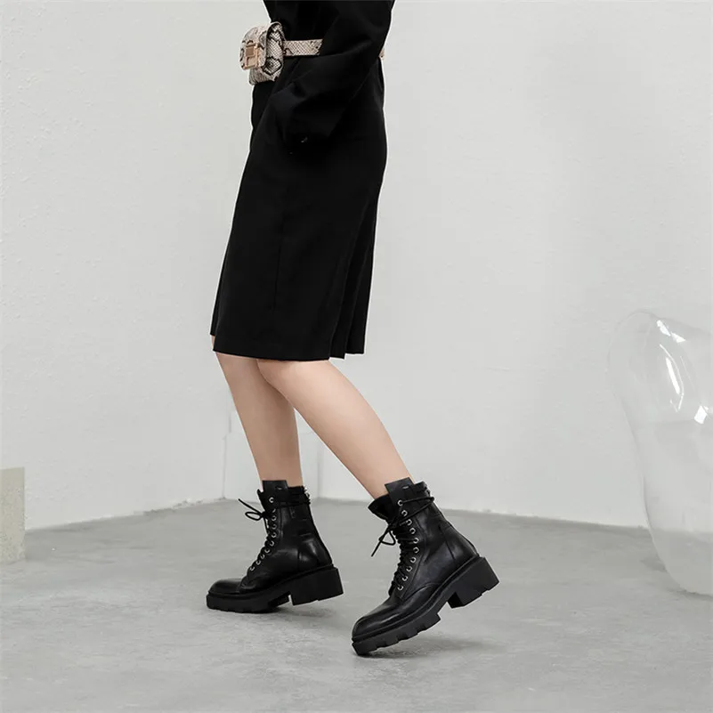 

Meotina Real Leather Platform Thick High Heel Short Boots Motorcycle Boots Women Shoes Zip Cross Tied Ankle Boots Ladies Autumn