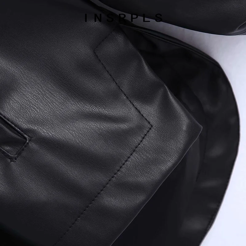 

INSRPLS Women Fashion Faux Leather Oversized Asymmetric Jacket Coat Vintage Lantern Sleeve Female Outerwear Chic Tops