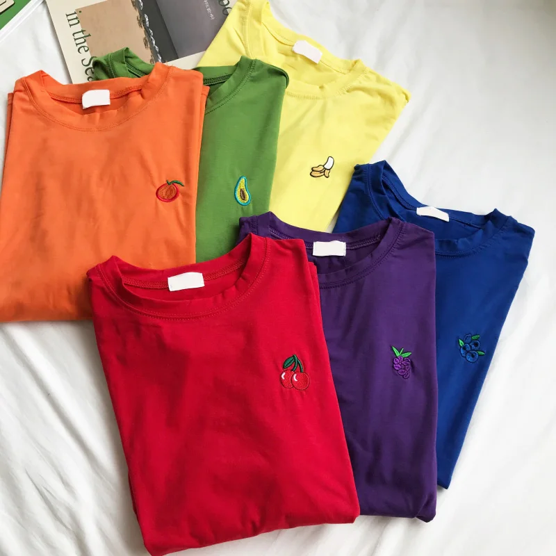 100% хлопковая футболка с вышитыми фруктами в Корейском стиле безразмерная